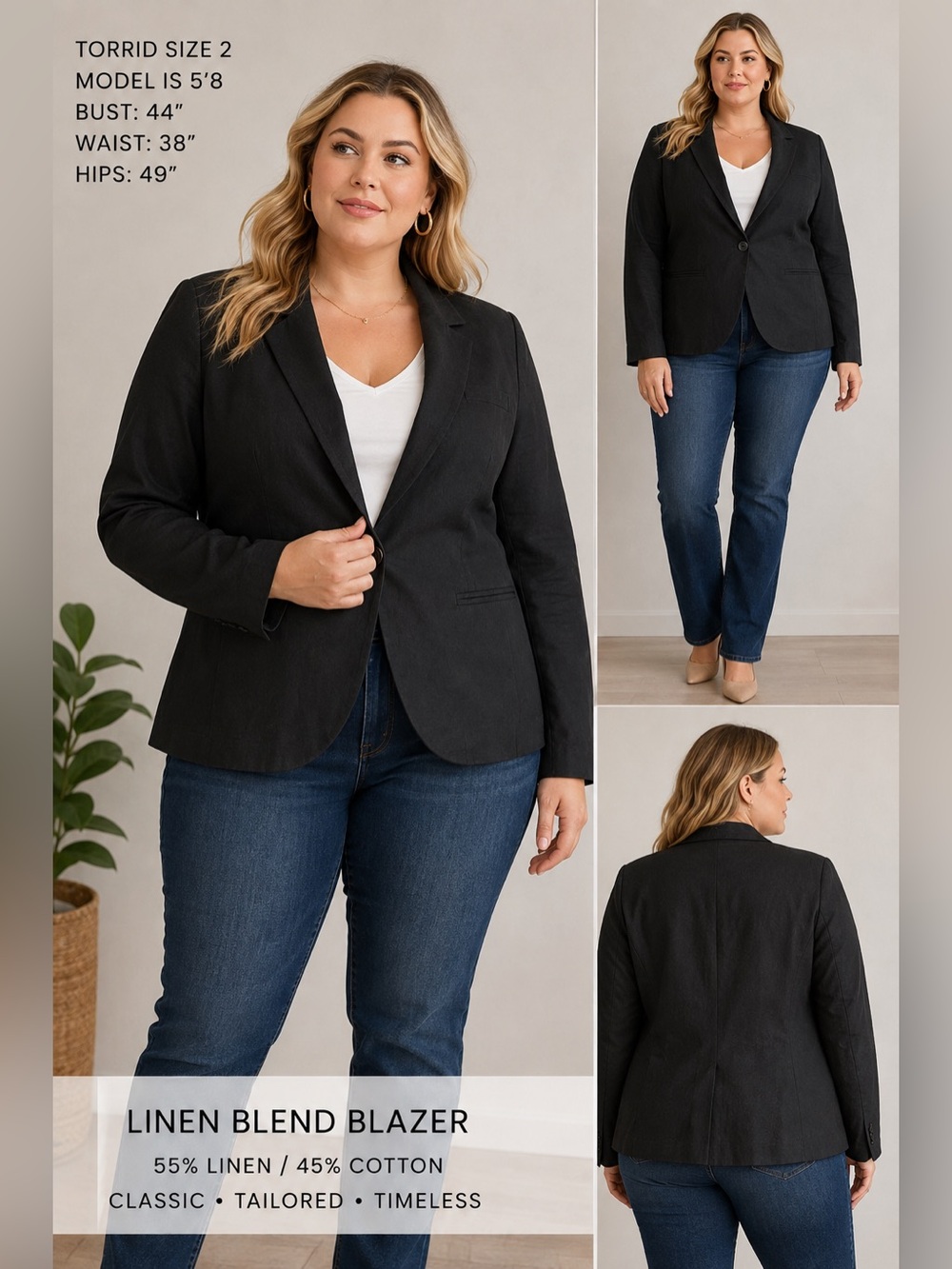 torrid Black Linen-Blend Tailored Blazer